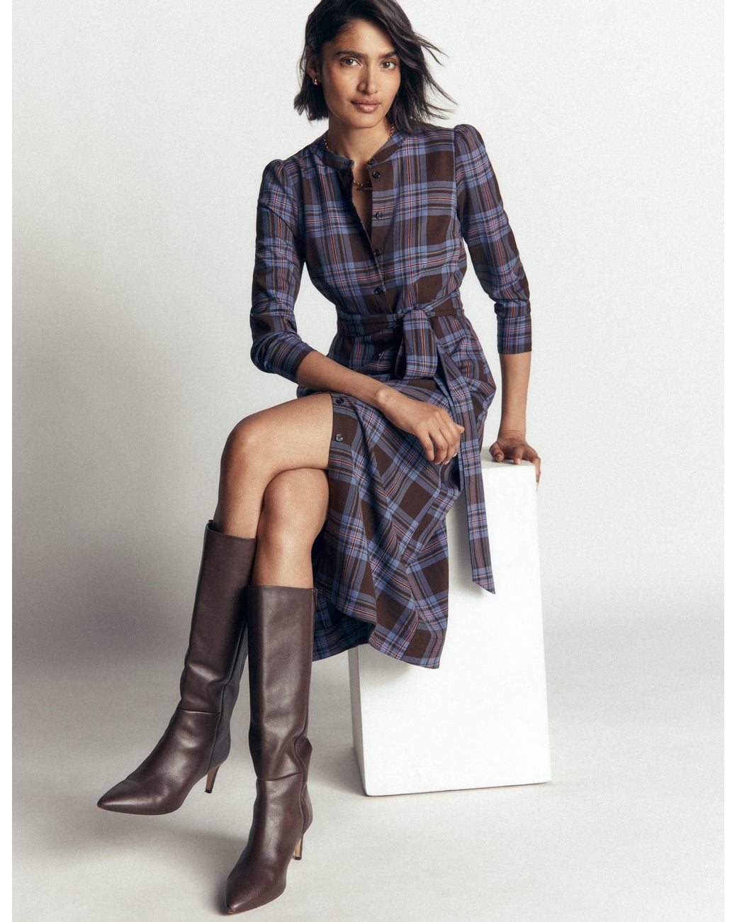 Boden White Louise Check Midi Shirt Dress