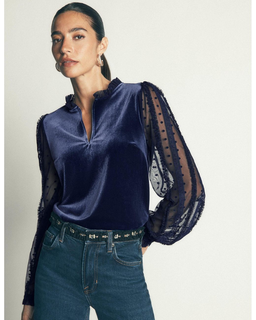 Boden Blue Tulle Mix Velvet Top