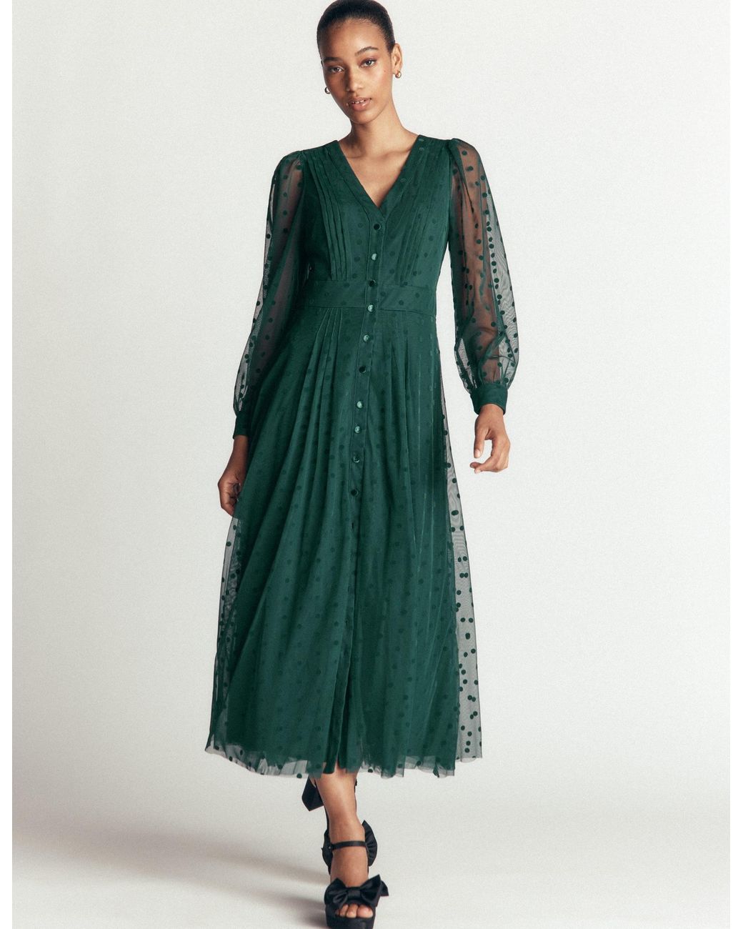 Boden Green Pleated Tulle Midi Dress