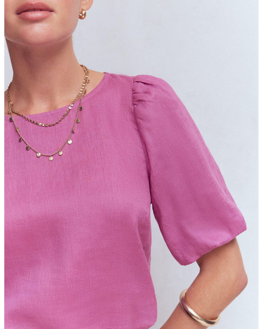 Boden Pink Linen Puff Sleeve Top