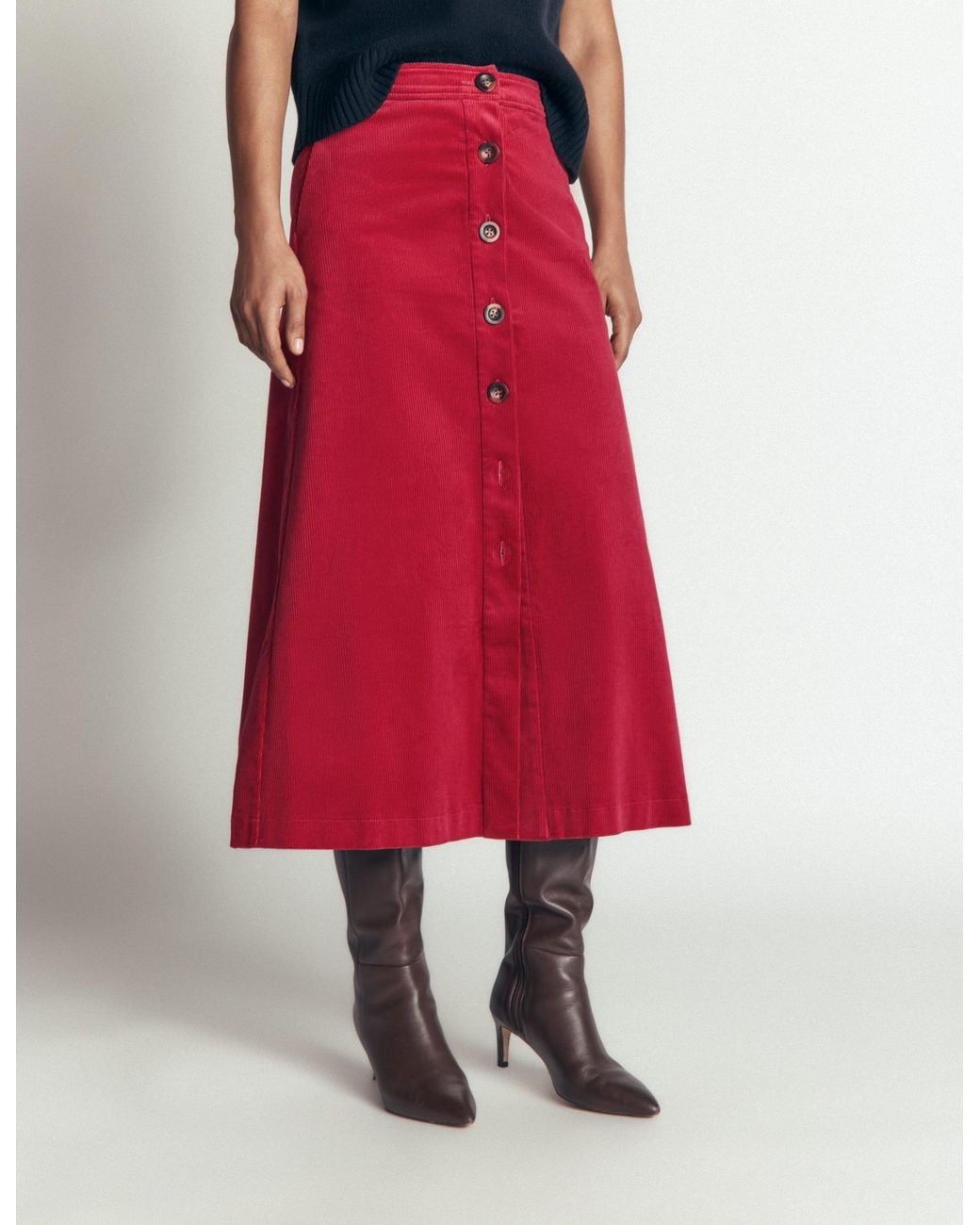 Boden Red Val Button Cord Midi Skirt