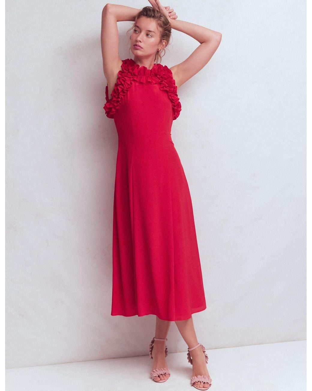 Boden Red Ruffle Silk Midi Dress