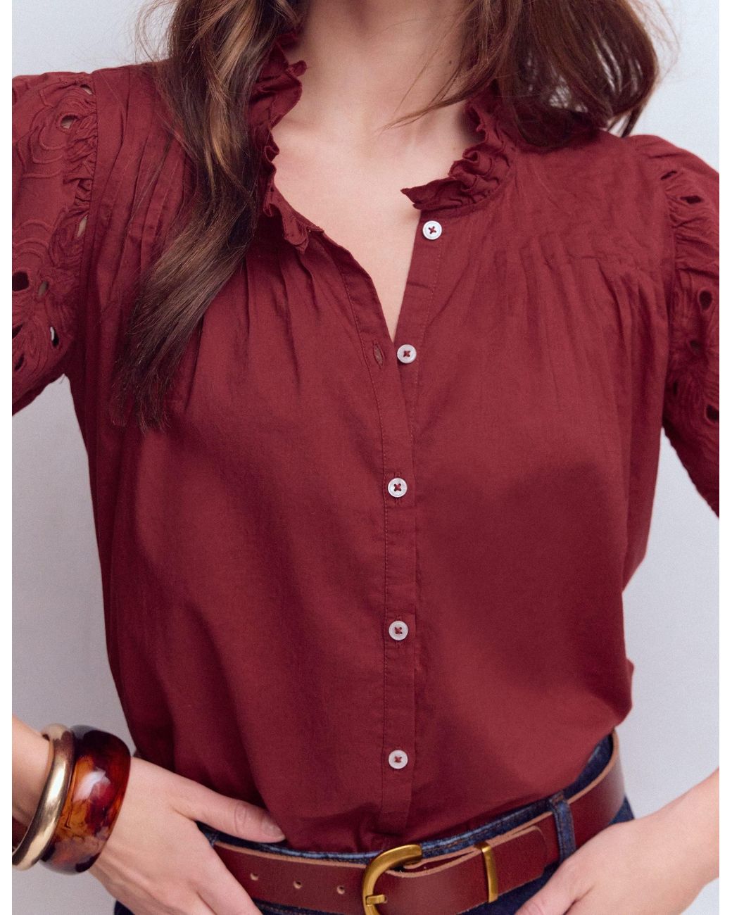 Boden Red Cutwork Puff Sleeve Top