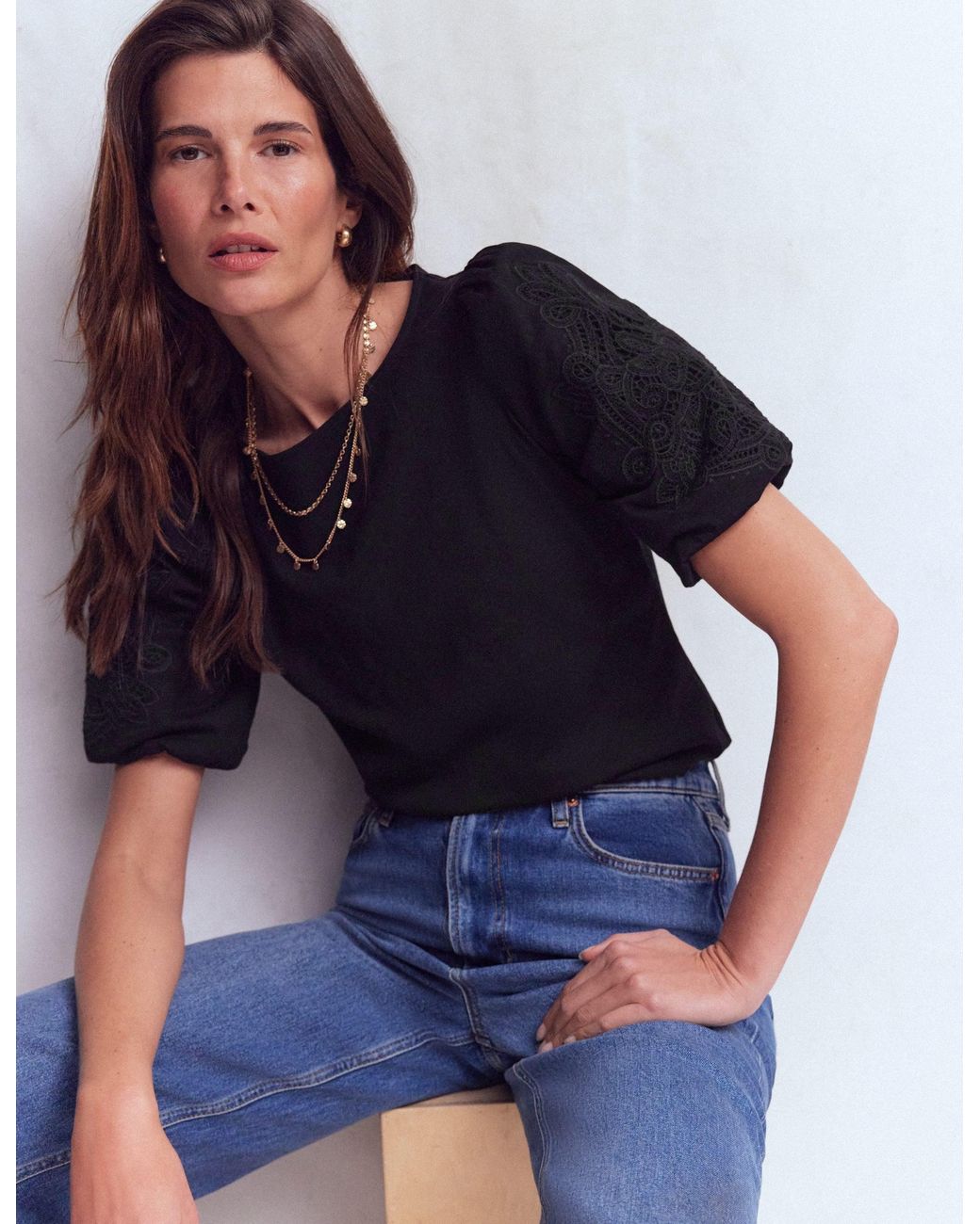 Boden Blue Cutwork Detail Jersey Top