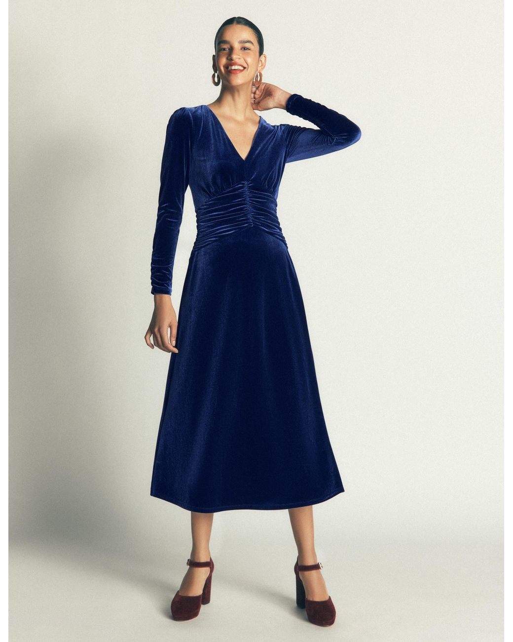 Boden Blue Mya Ruched Velvet Midi Dress