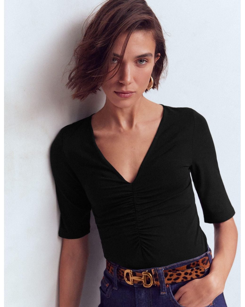 Boden Black Tia Ruched V-Neck Top