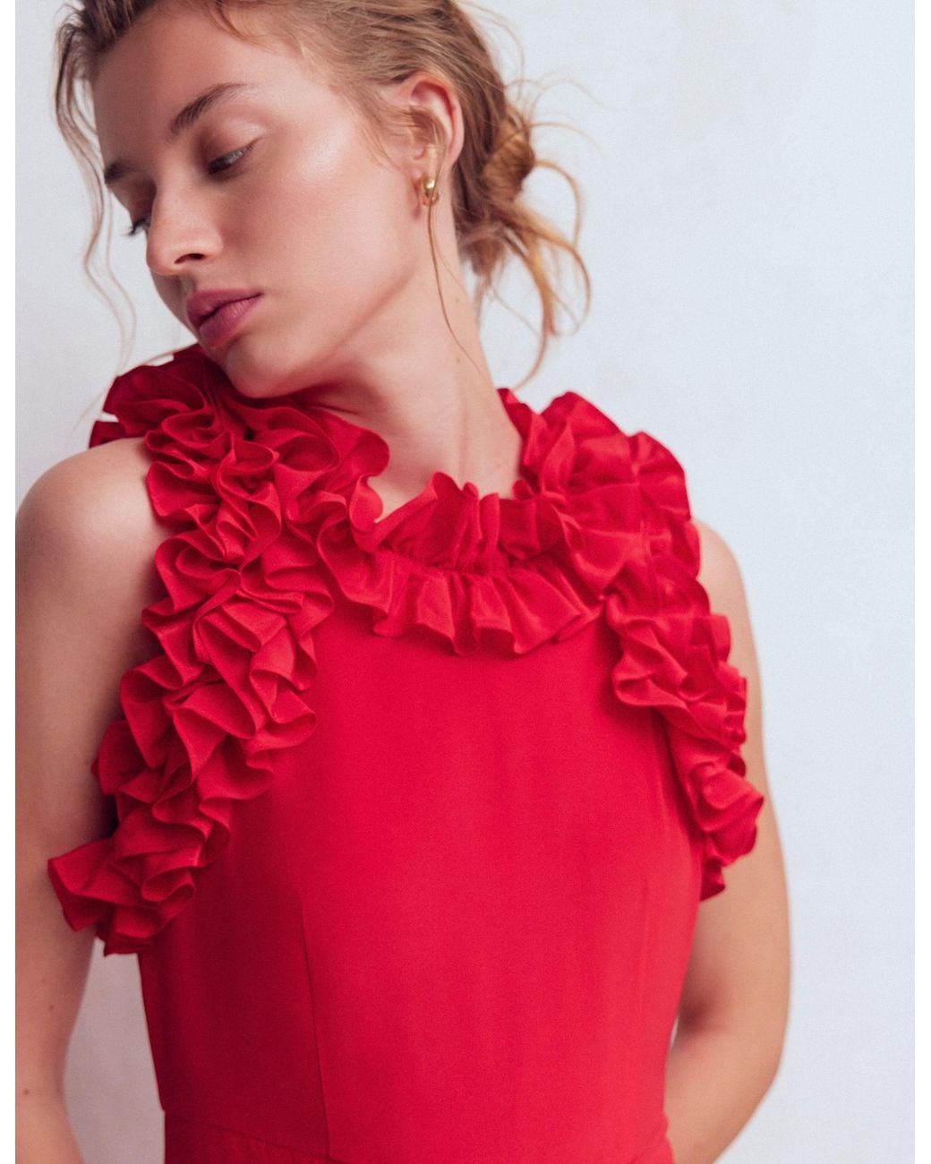 Boden Red Ruffle Silk Midi Dress