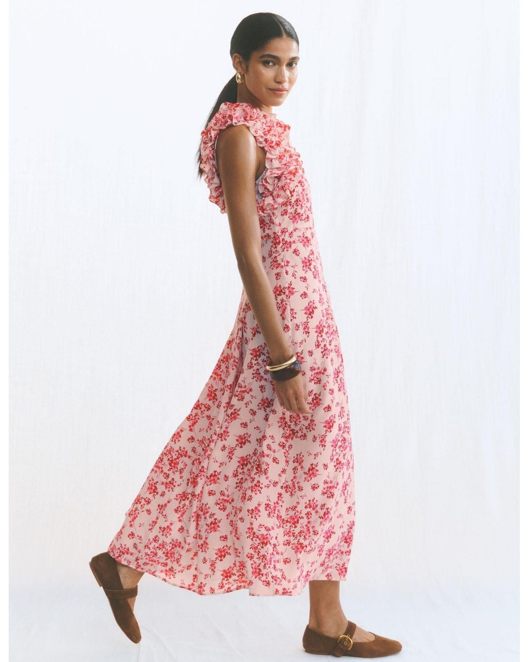 Boden Natural Ruffle Silk Midi Dress