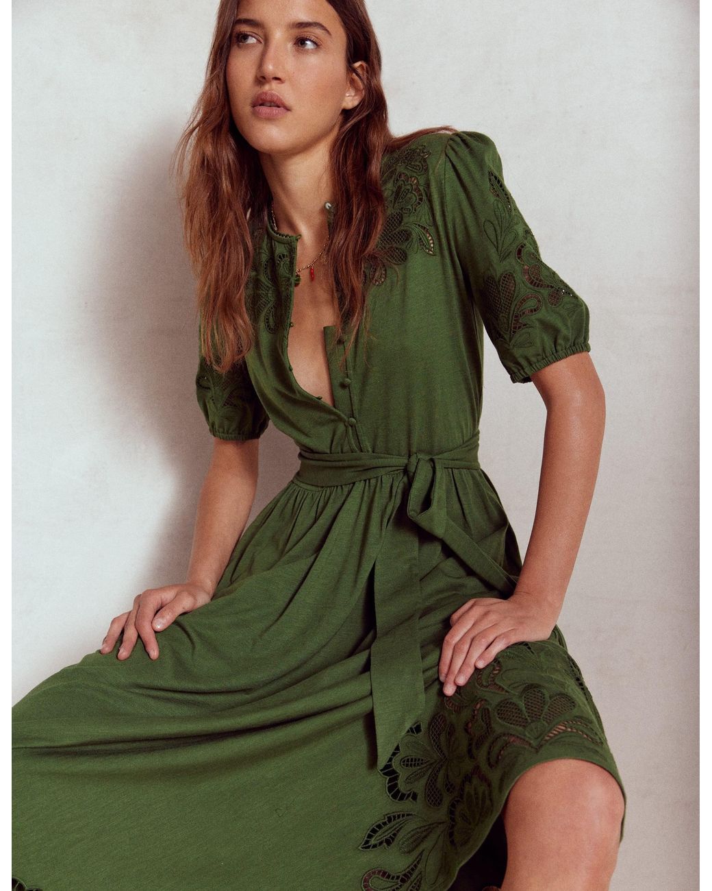 Boden Cutwork Detail Midi Dress in Green | Lyst UK