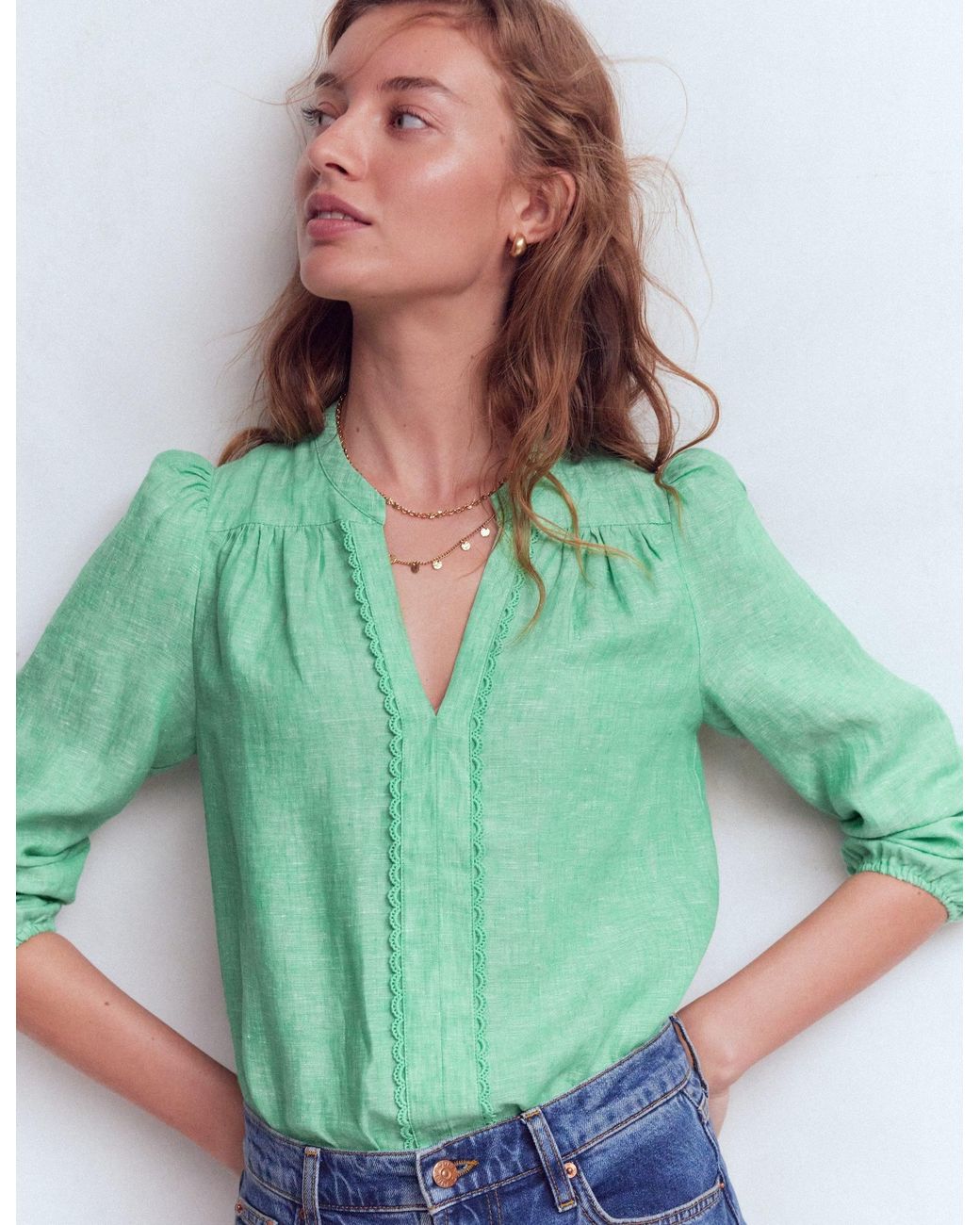 Boden Green Linen Trim Insert Top