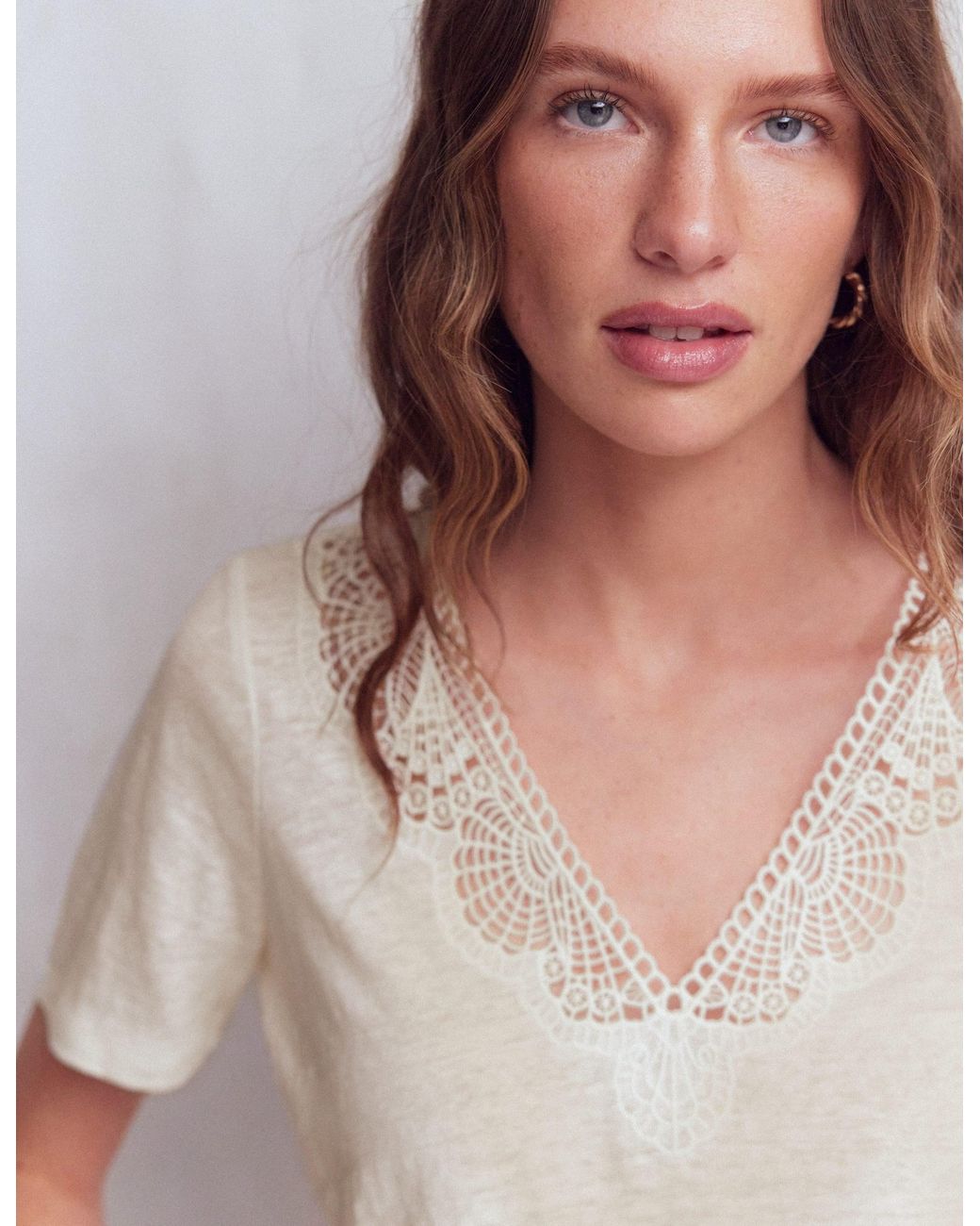 Boden Blue Tara Lace Trim Linen T-Shirt