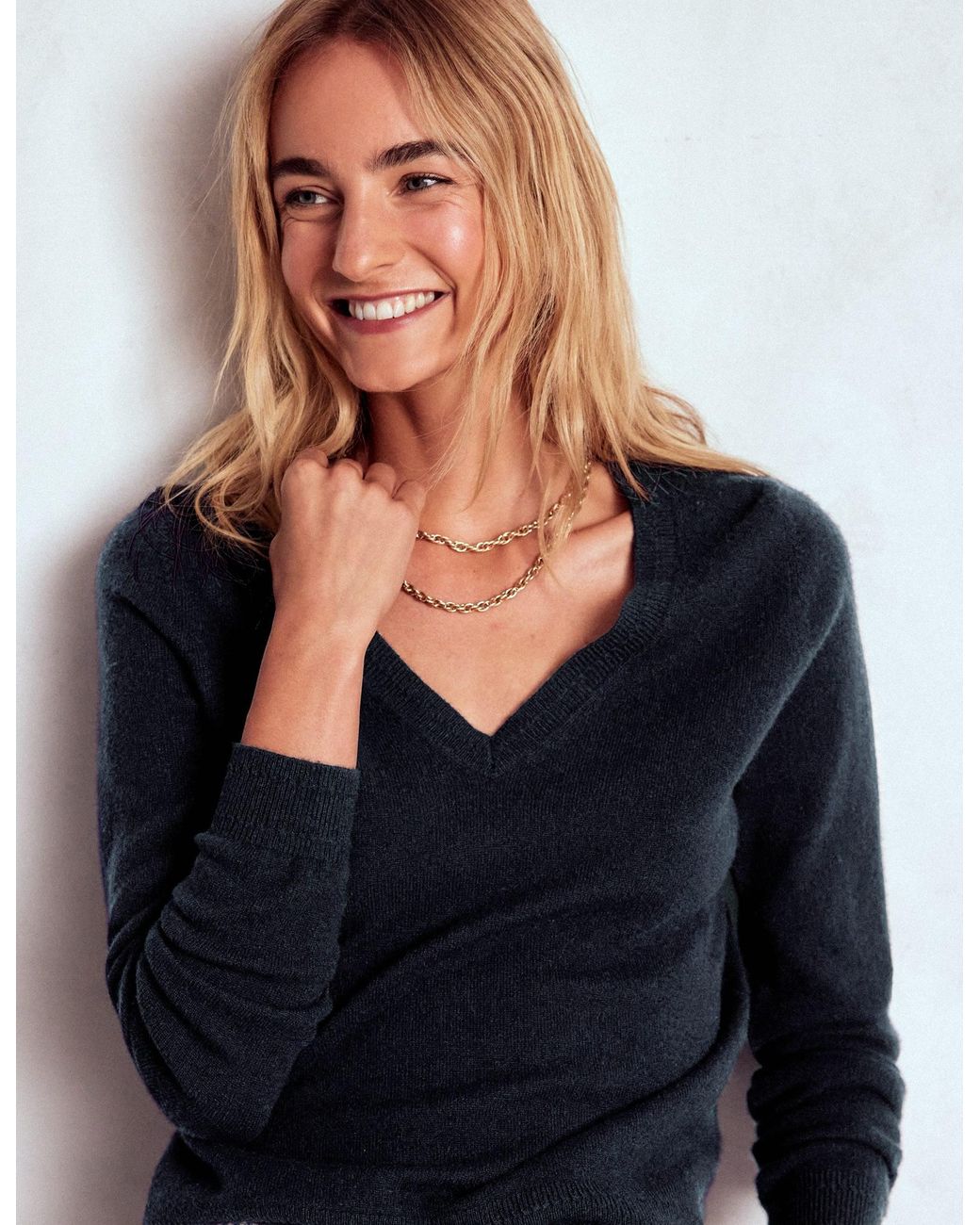 Boden Black Catriona Cotton V-neck Jumper