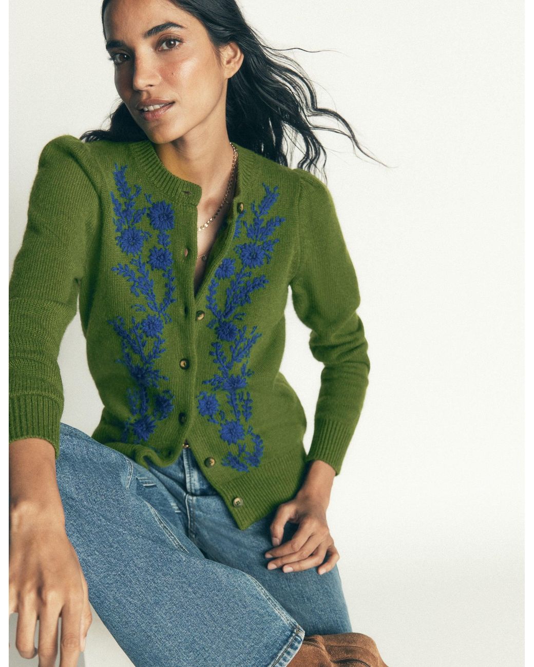 Boden Green Embroidered Knitted Cardigan