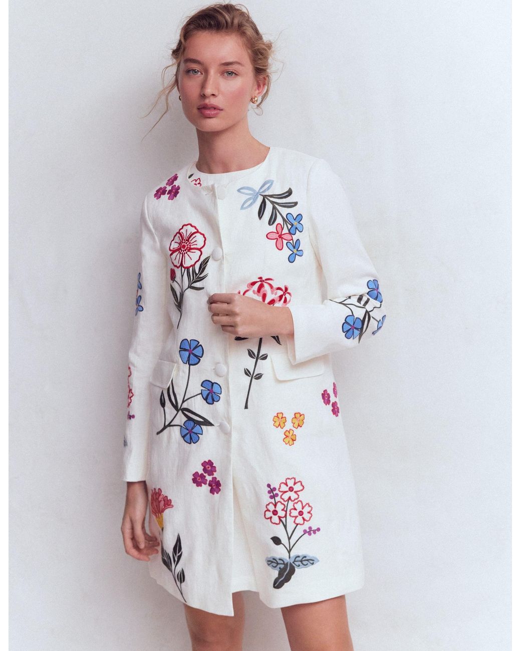 Boden White Embroidered Linen Coat
