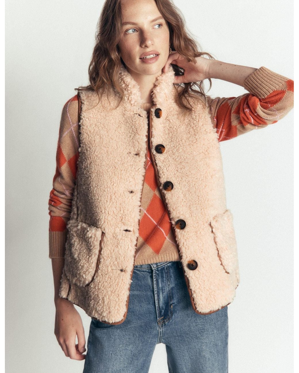Boden Blue Funnel Neck Borg Gilet Jacket