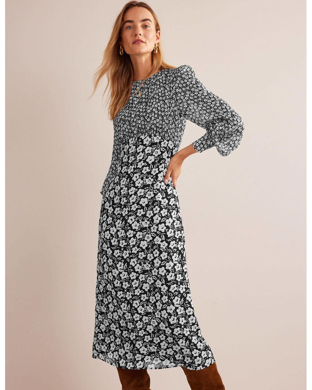 Boden Blue Hotched Midi Tea Dress