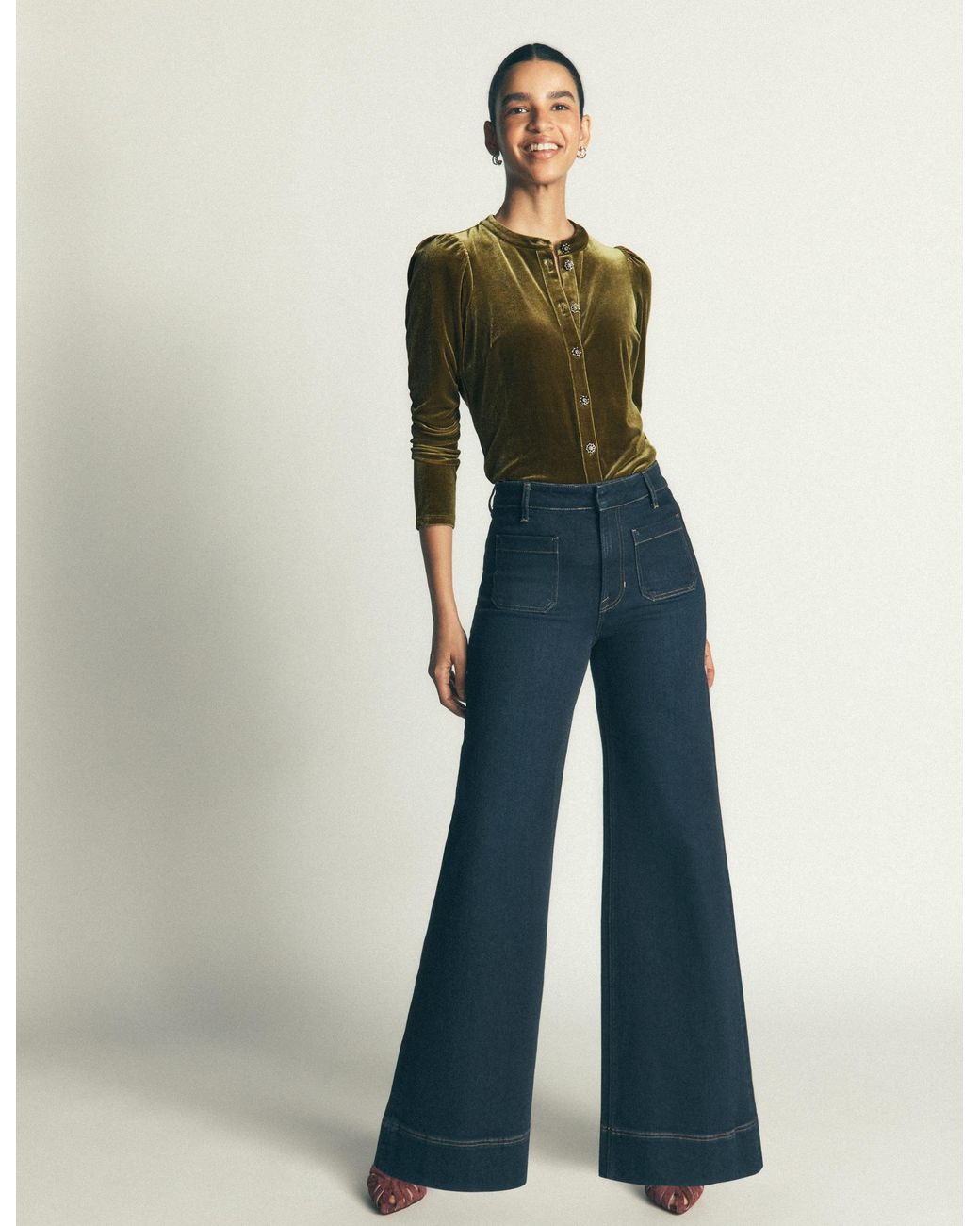 Boden Green Puff Sleeve Velvet Shirt