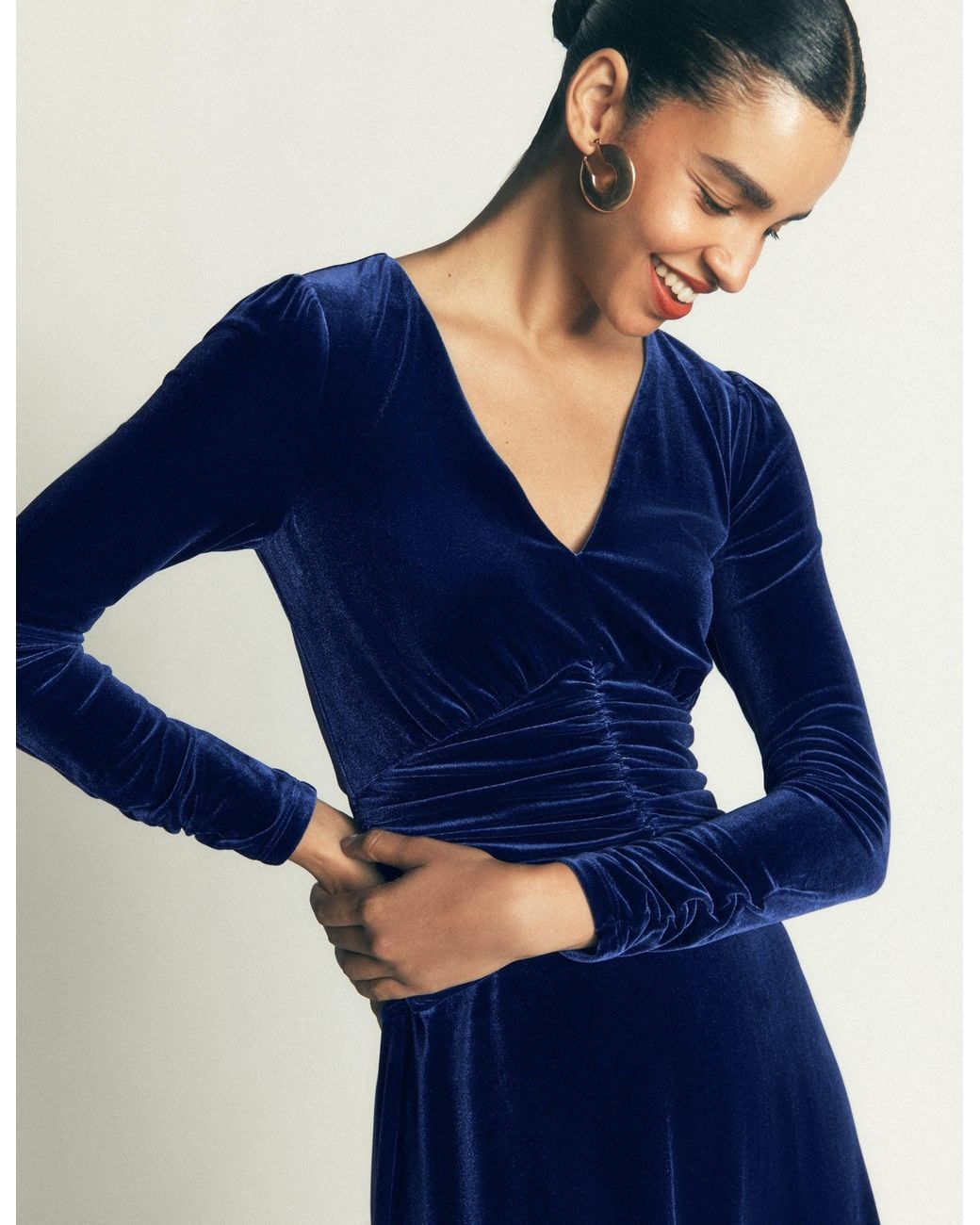 Boden Blue Mya Ruched Velvet Midi Dress