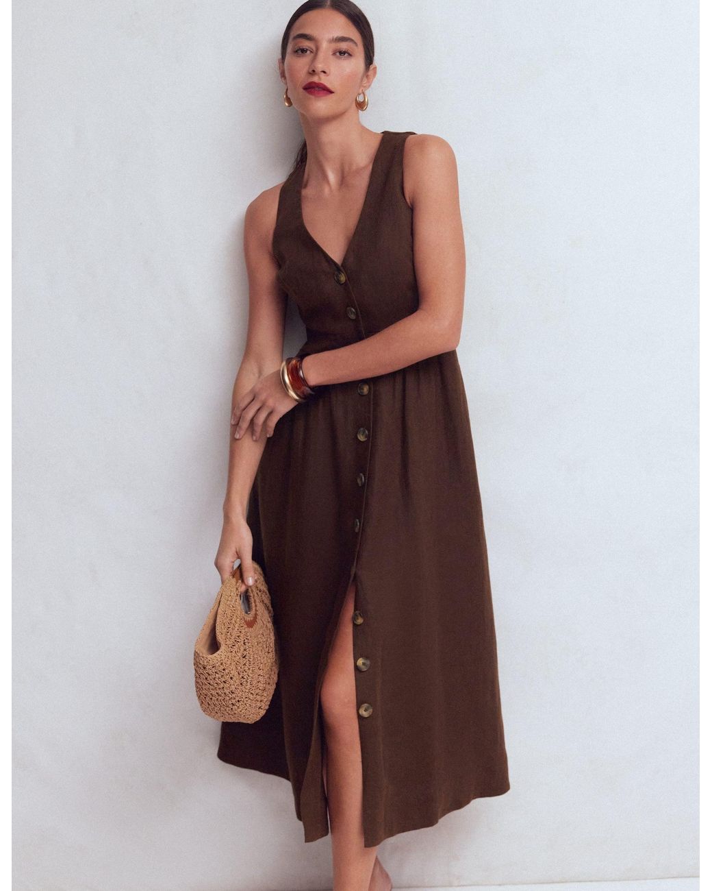 Boden Brown Catherine Button Linen Dress