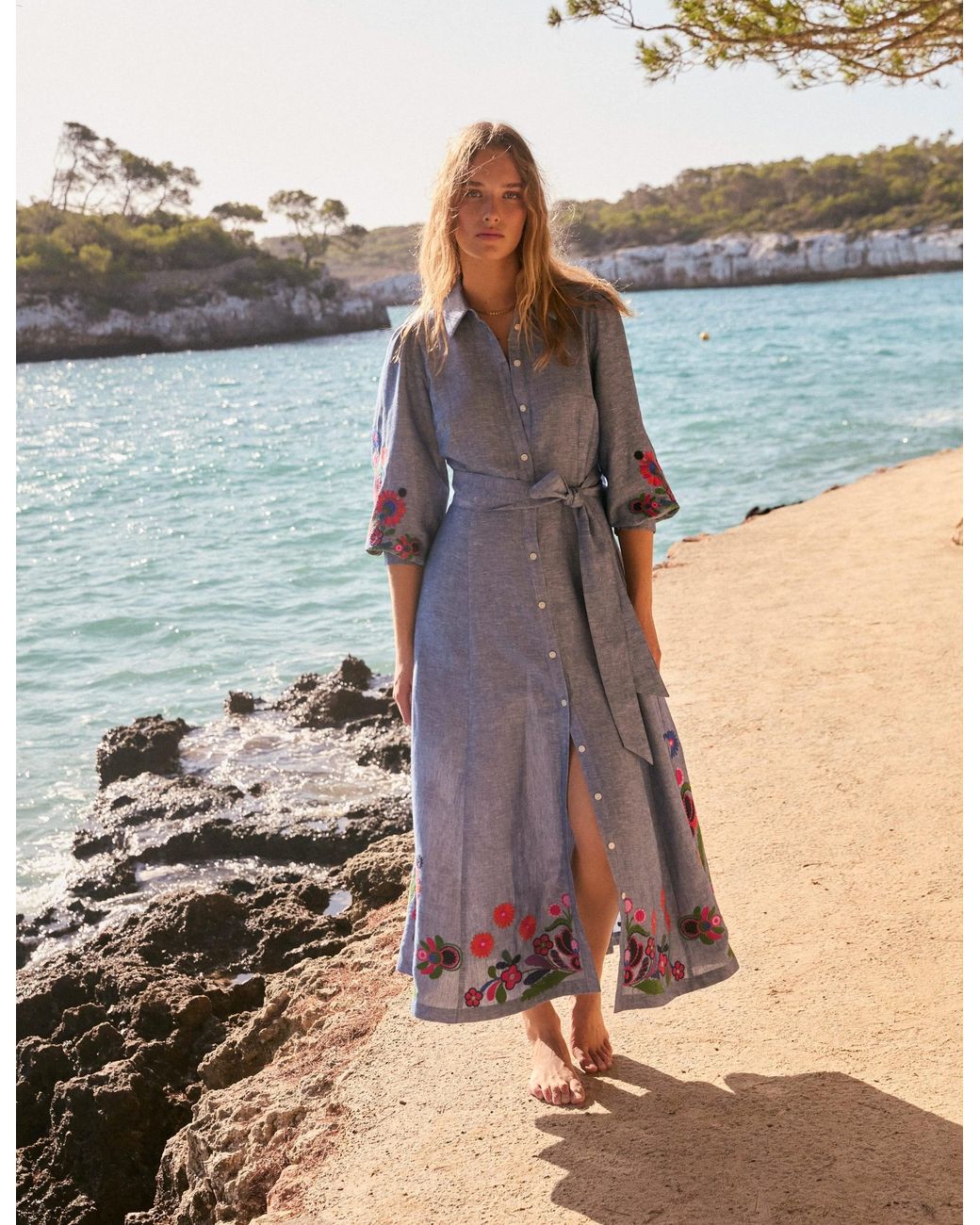 Boden Clara Linen Blend Shirt Dress- Chambray, Embroidered in Blue
