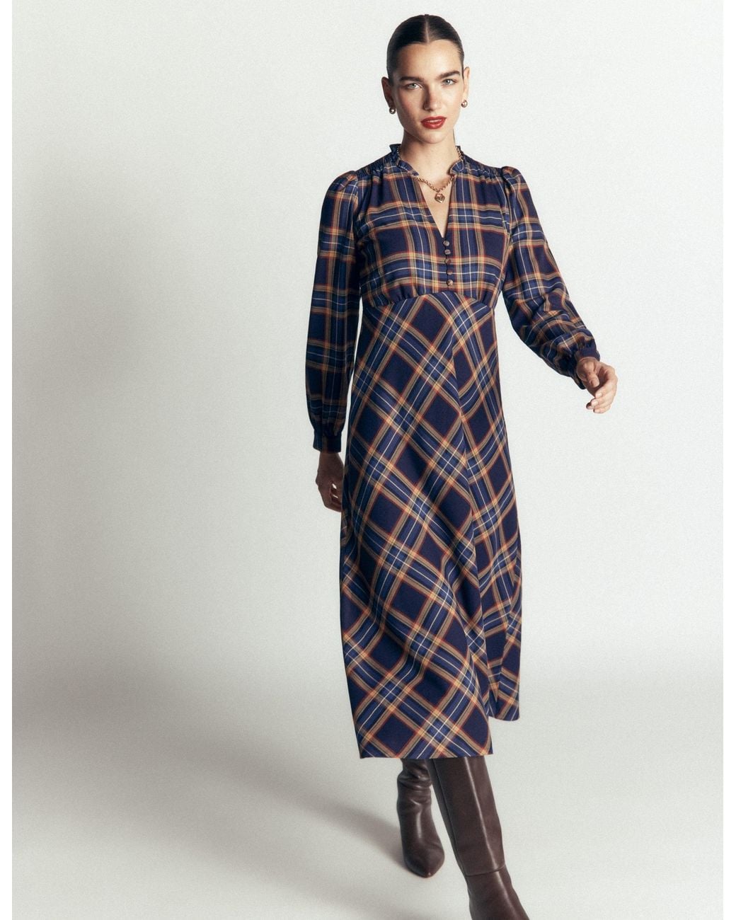 Boden Blue Cassie Checked Tea Dress