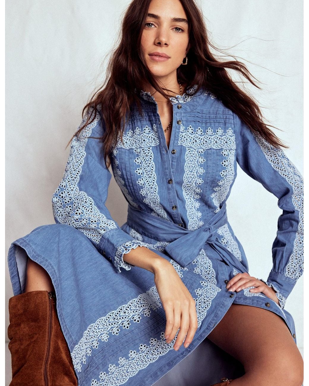 Boden Blue Ruffle Placket Chambray Dress