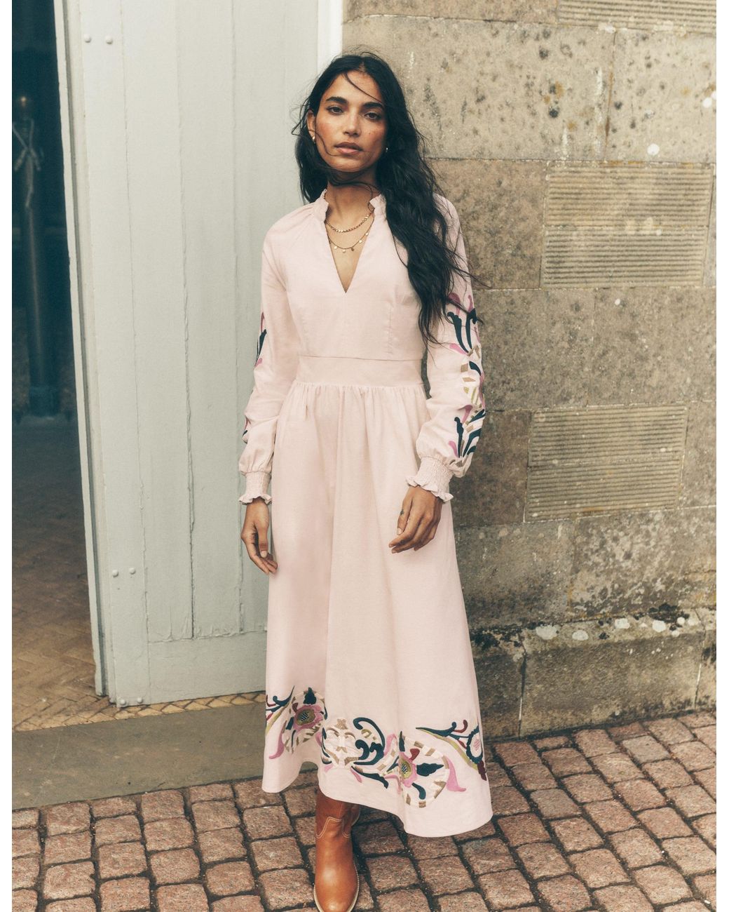 Boden Natural Smocked Cord Midi Dress