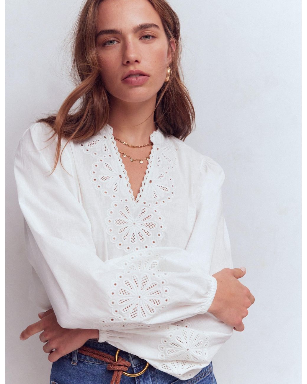 Boden White Embroidered Notch Neck Top