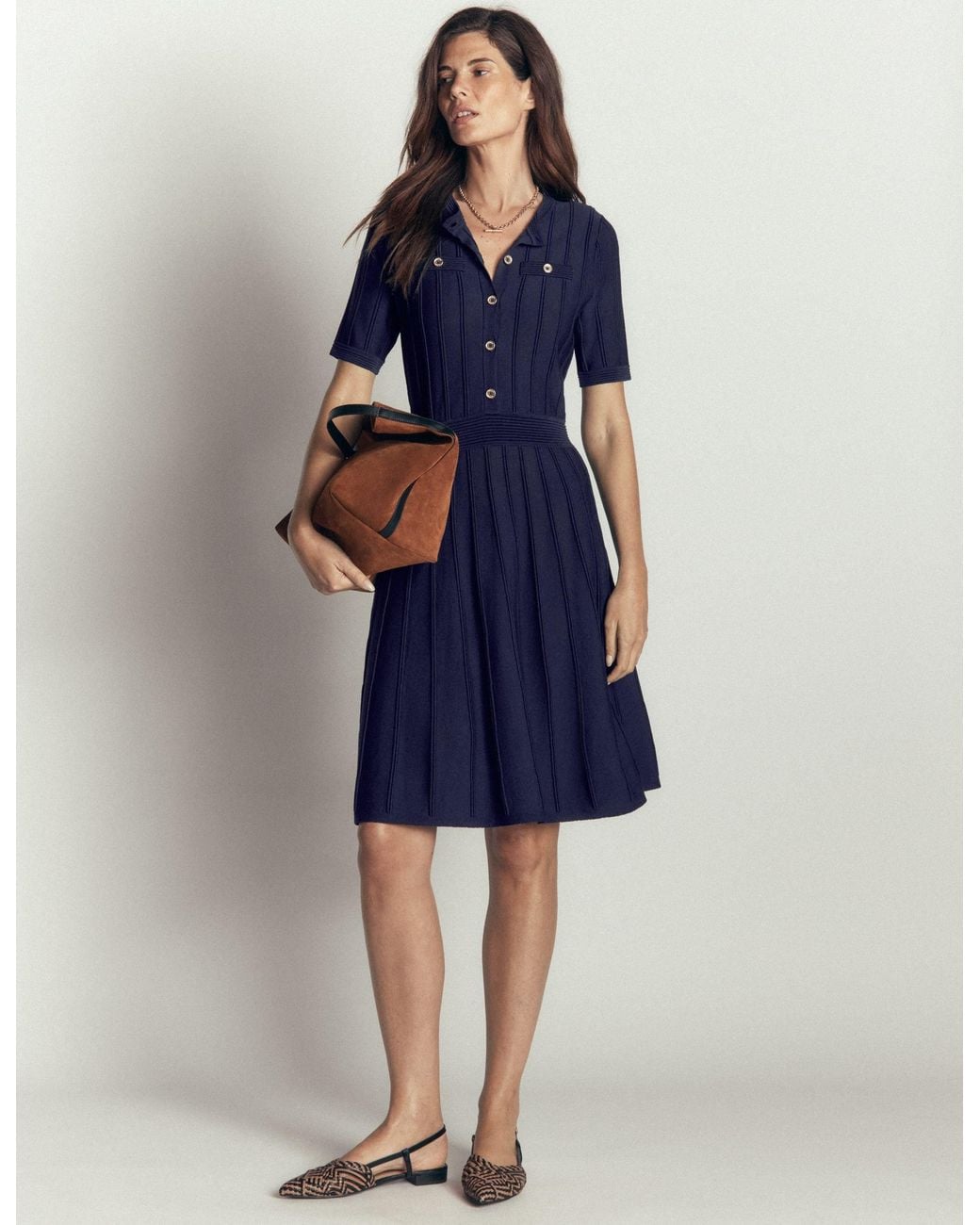 Boden Blue Button Front Stitch Dress