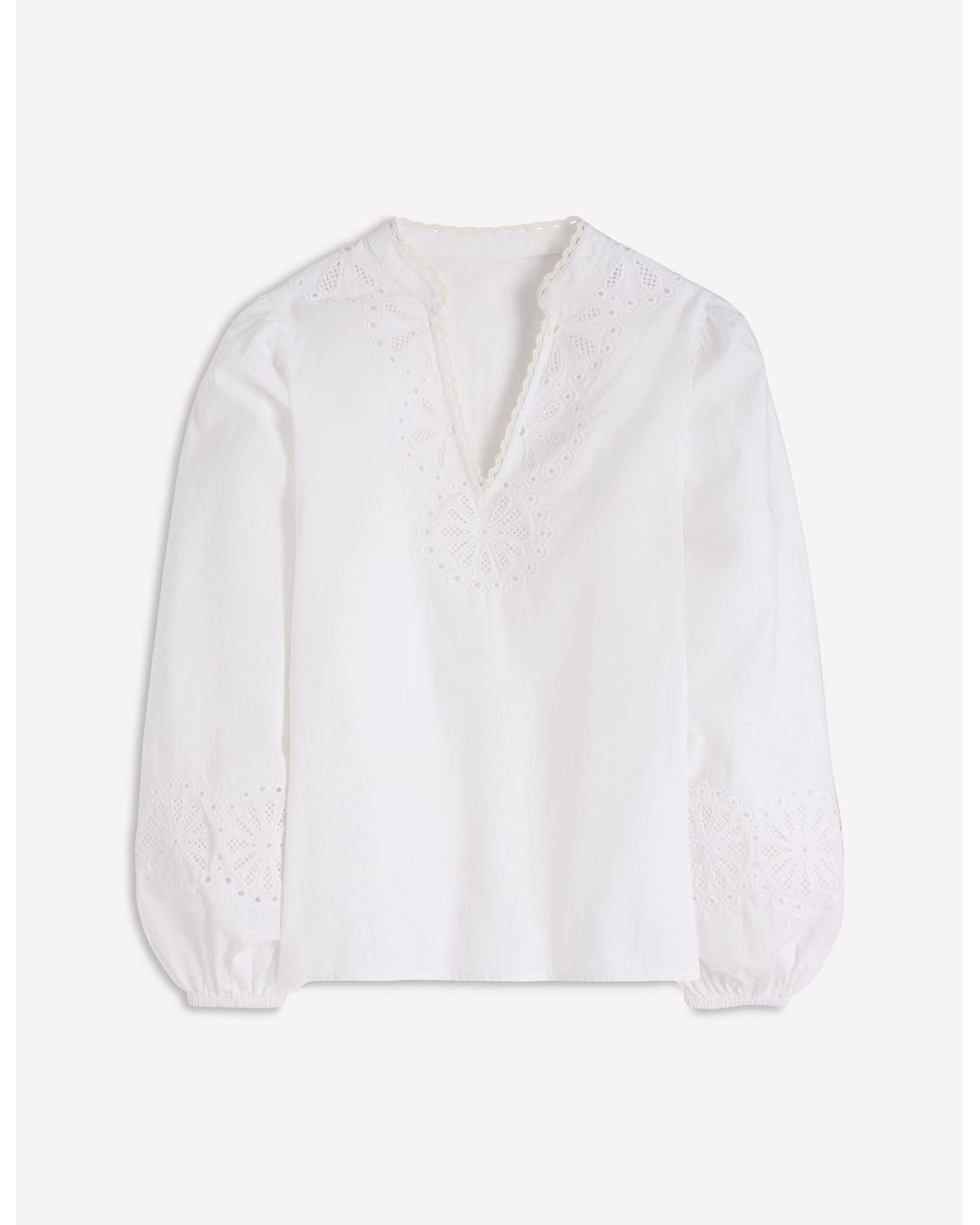 Boden White Embroidered Notch Neck Top