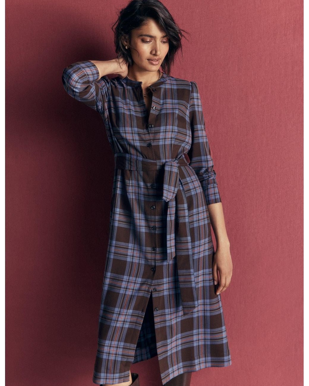 Boden White Louise Check Midi Shirt Dress