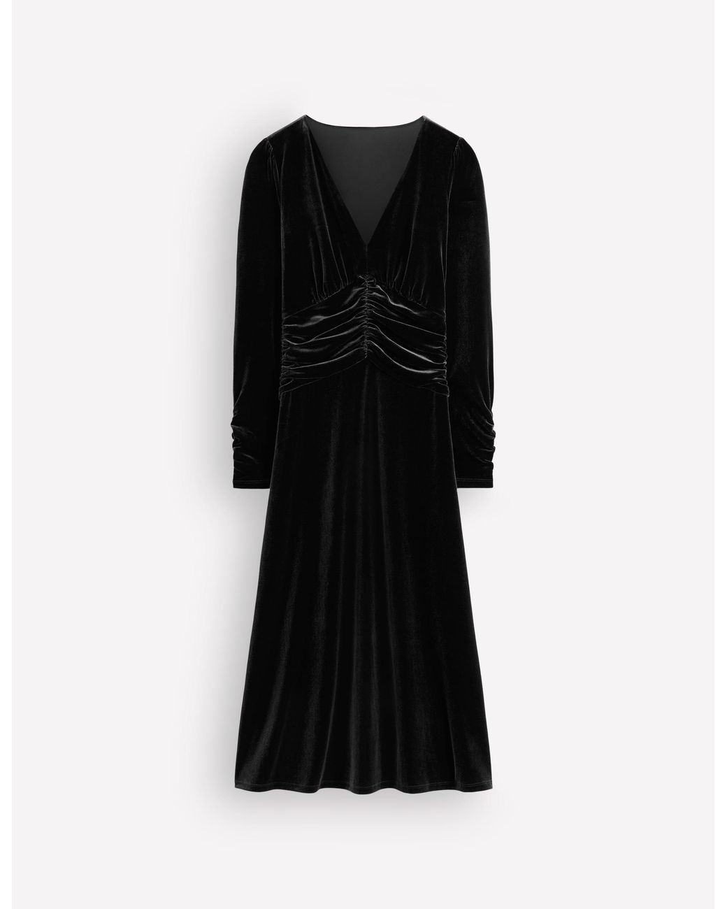 Boden Black Mya Ruched Velvet Midi Dress