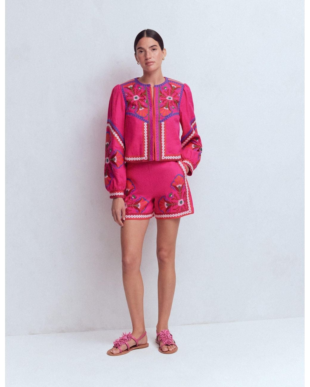 Boden Pink Embroidered Linen Shorts