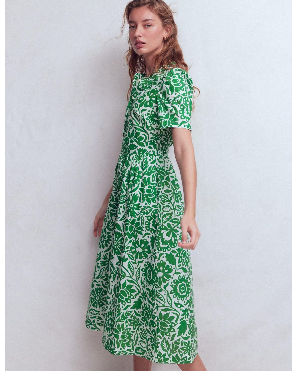 Boden Green Ivy Button Cotton Midi Dress