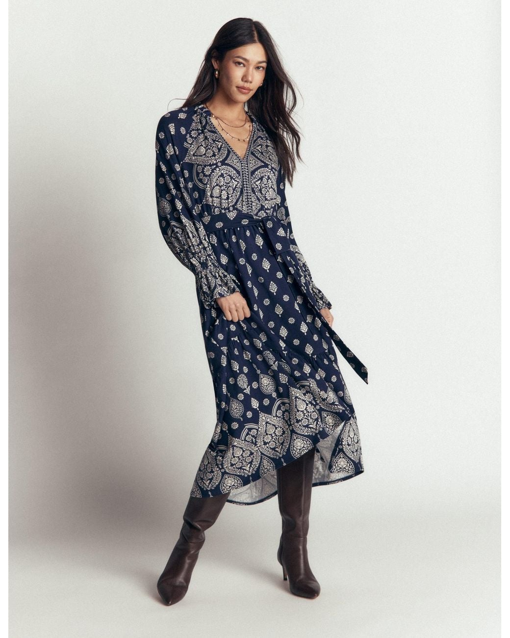 Boden Blue Blouson Tiered Jersey Dress