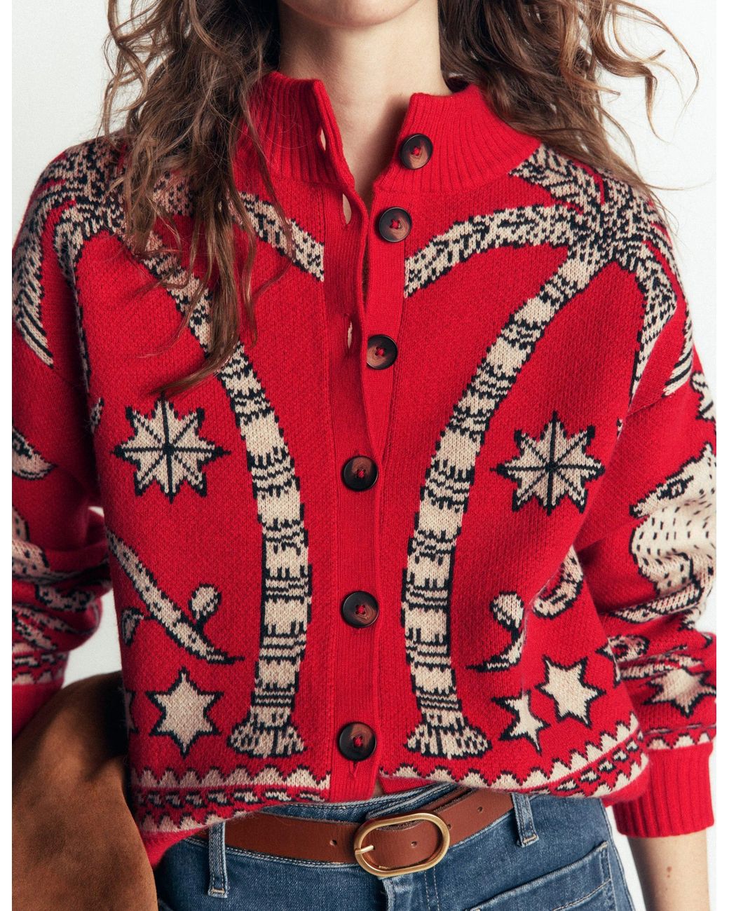 Boden Red Jemma Jacquard Knit Cardigan