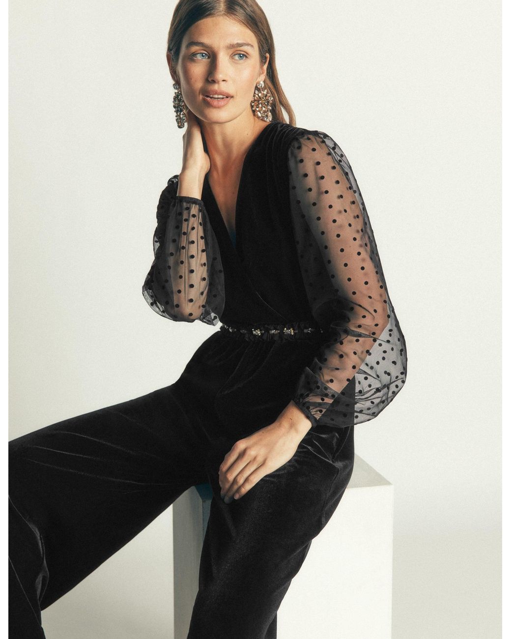 Boden Black Velvet Tulle Sleeve Jumpsuit