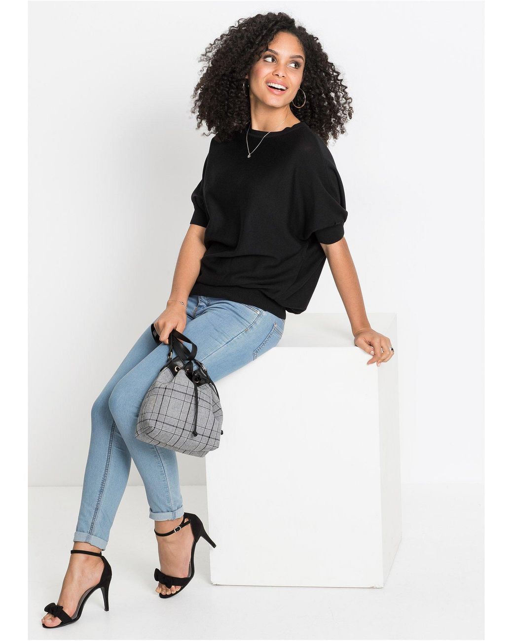 bonprix Black Feinstrickpullover Aus Baumwoll-Mix