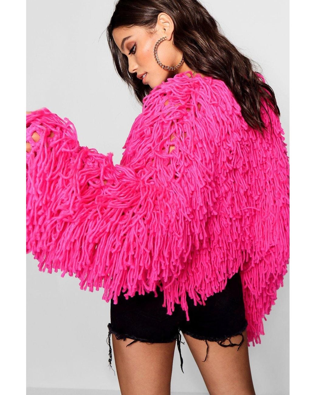 Boohoo Women's Pink Cropped Shaggy Knit Cardigan