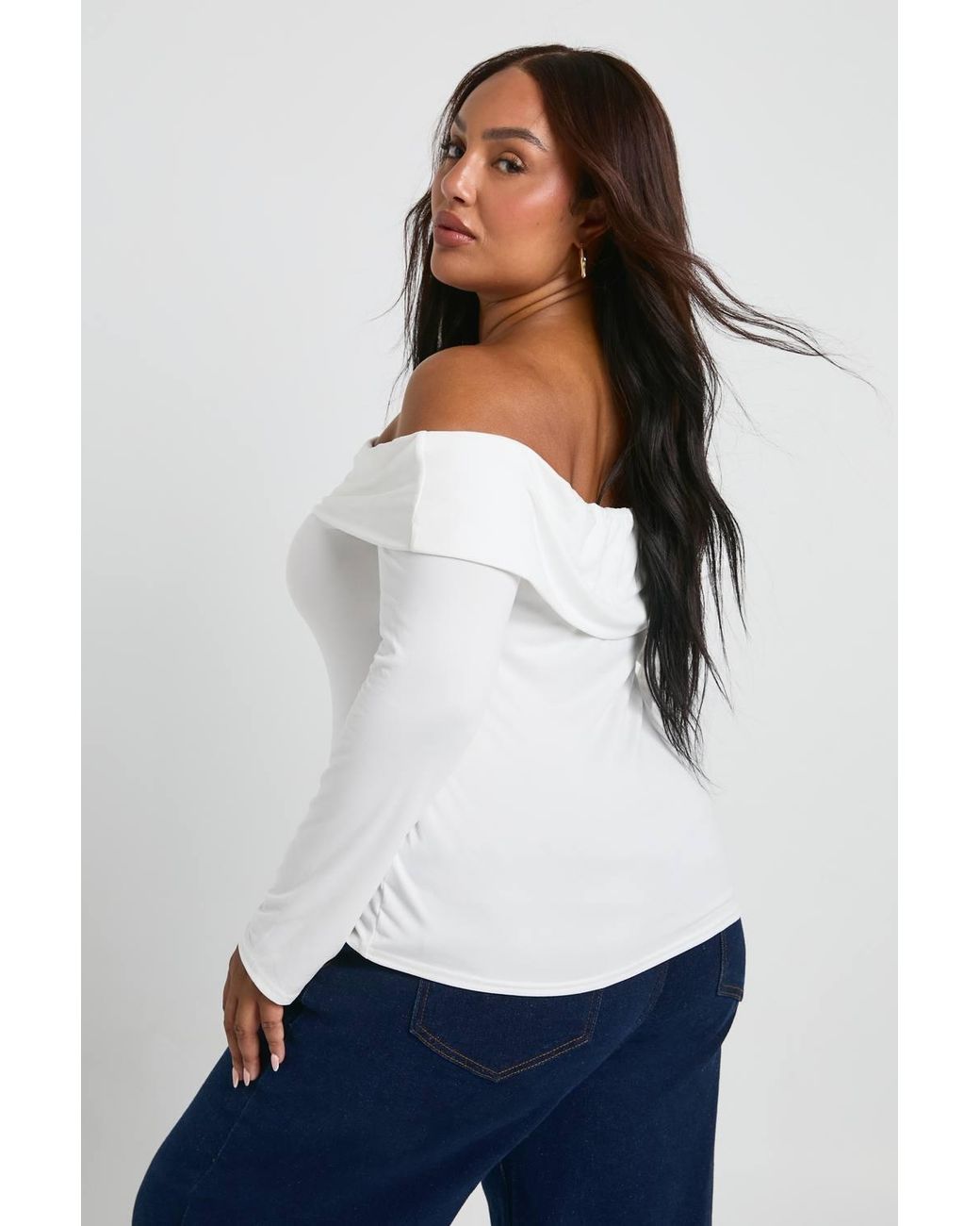 Boohoo White Plus Bardot Button Down Long Sleeve Top