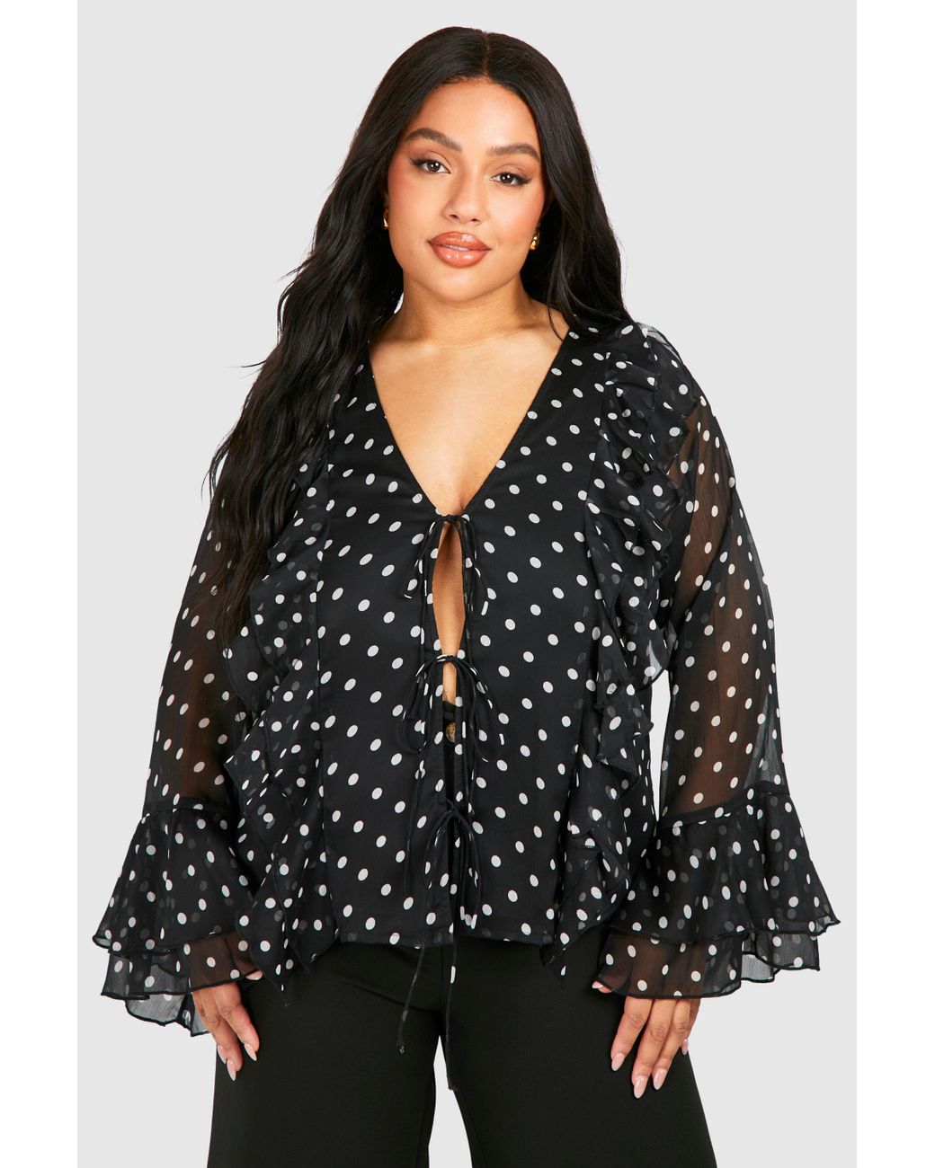 Boohoo Plus Woven Polka Dot Ruffle Detail Tie Front Blouse in
