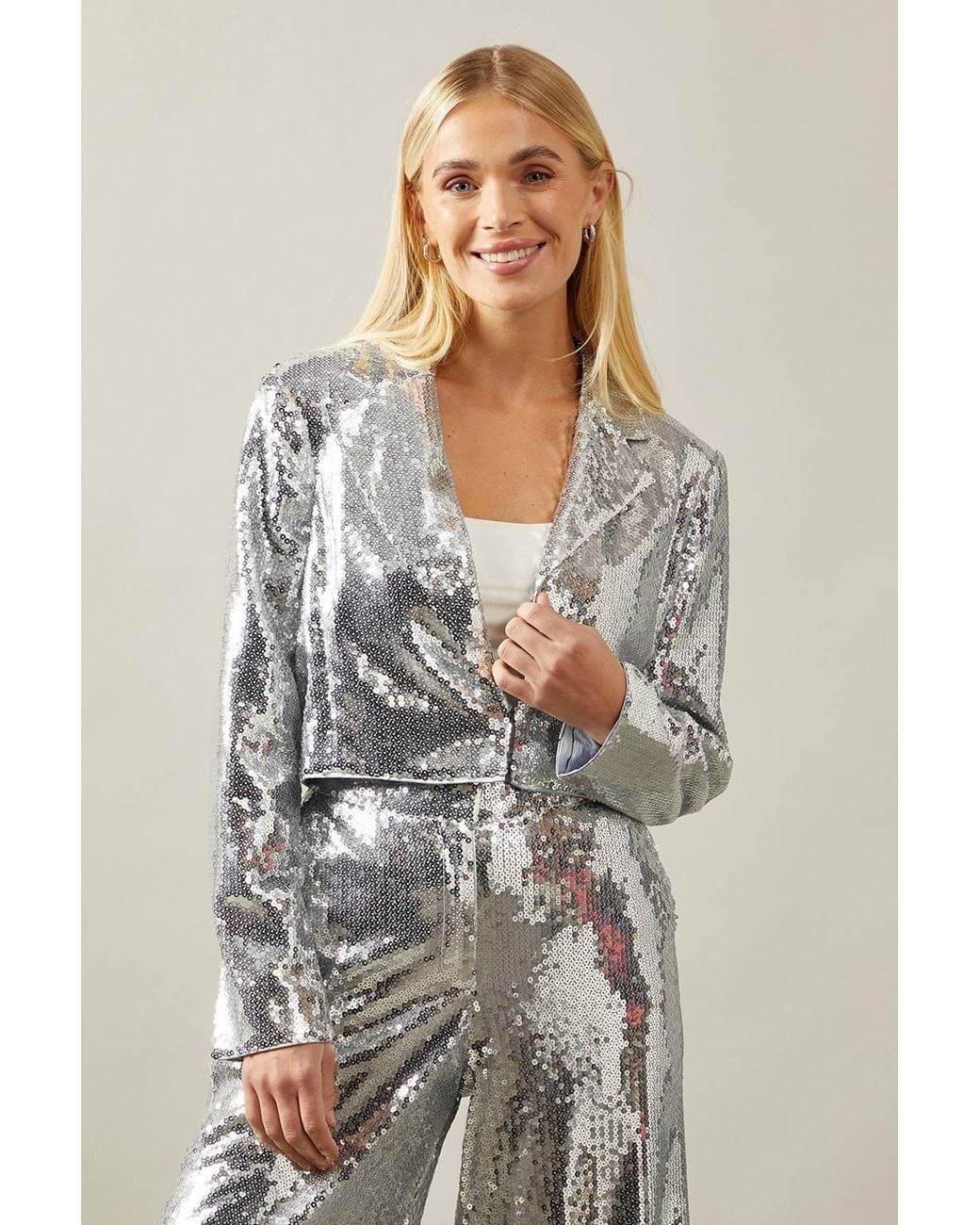Wallis Natural Petite Sequin Crop Blazer