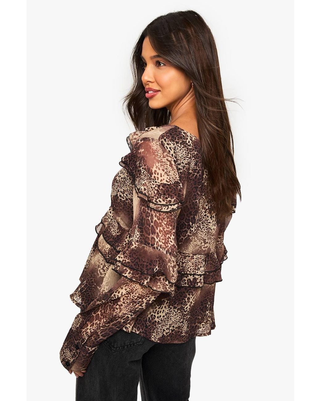 Boohoo Brown Ruffle Chiffon Blouse