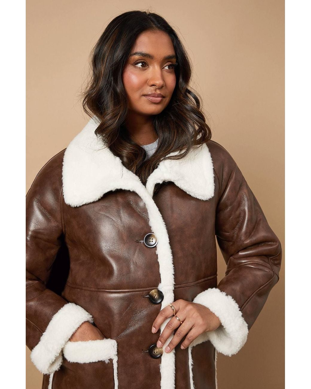 Oasis Brown Pu Bonded Shearling Coat