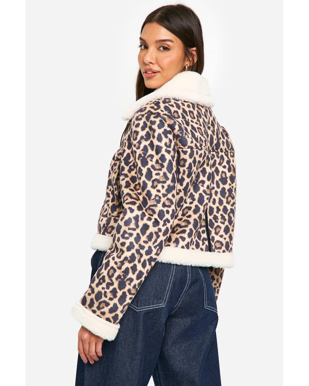 Boohoo Blue Print Cropped Aviator Jacket