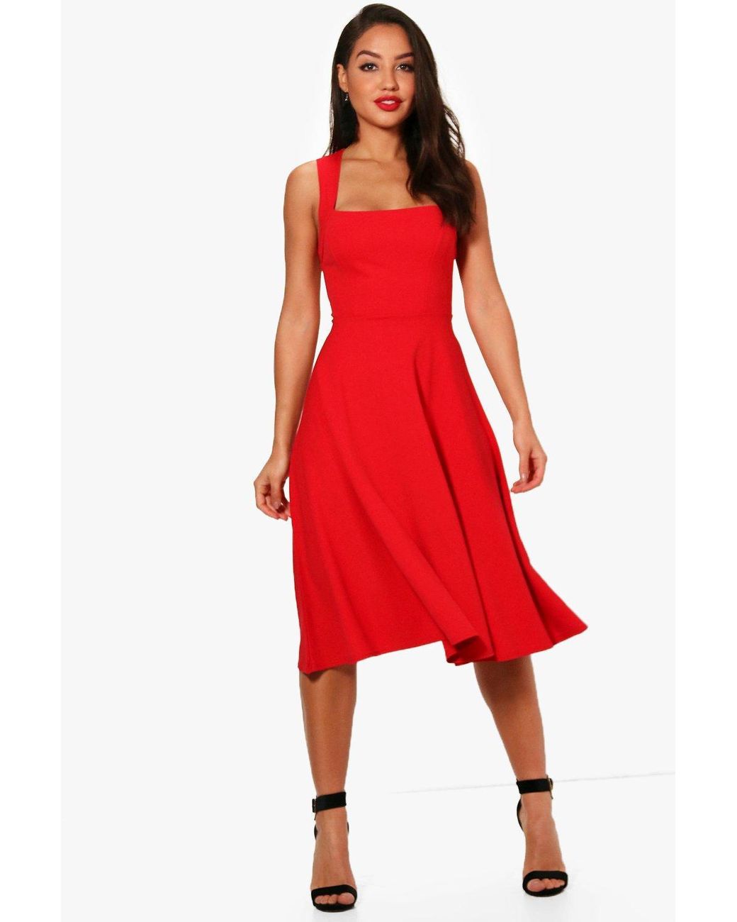 boohoo square neck midi skater dress