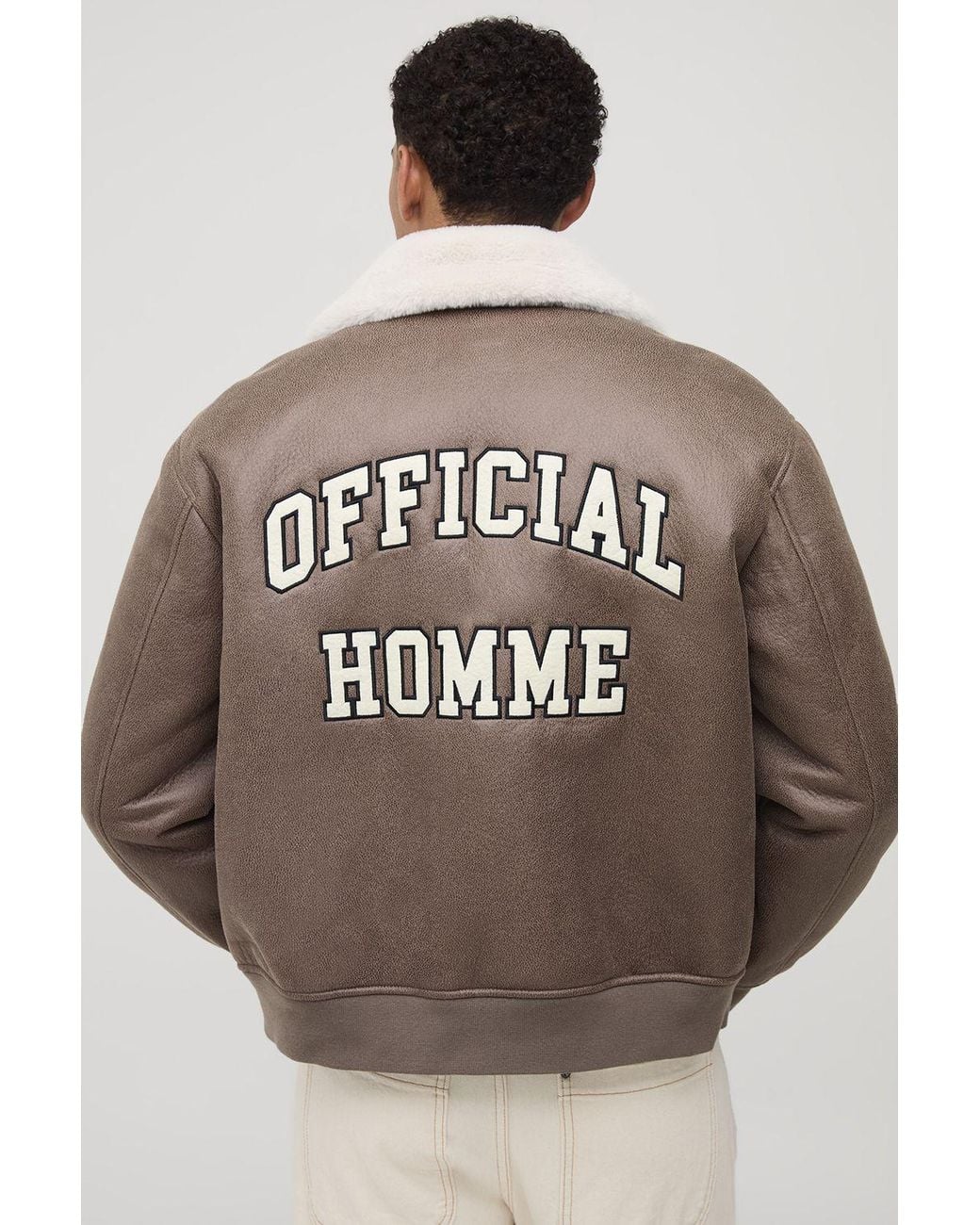 BoohooMAN Gray Oversized Washed Pu Borg Collared Bomber Jacket for men