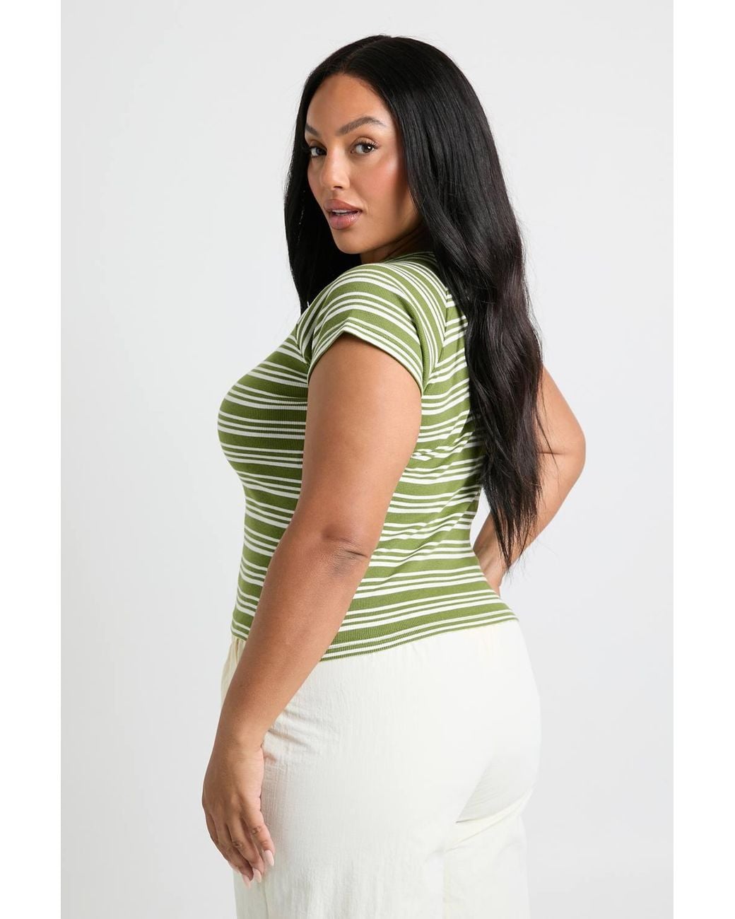 Boohoo Green Plus Stripe Button Down Cap Sleeve Top