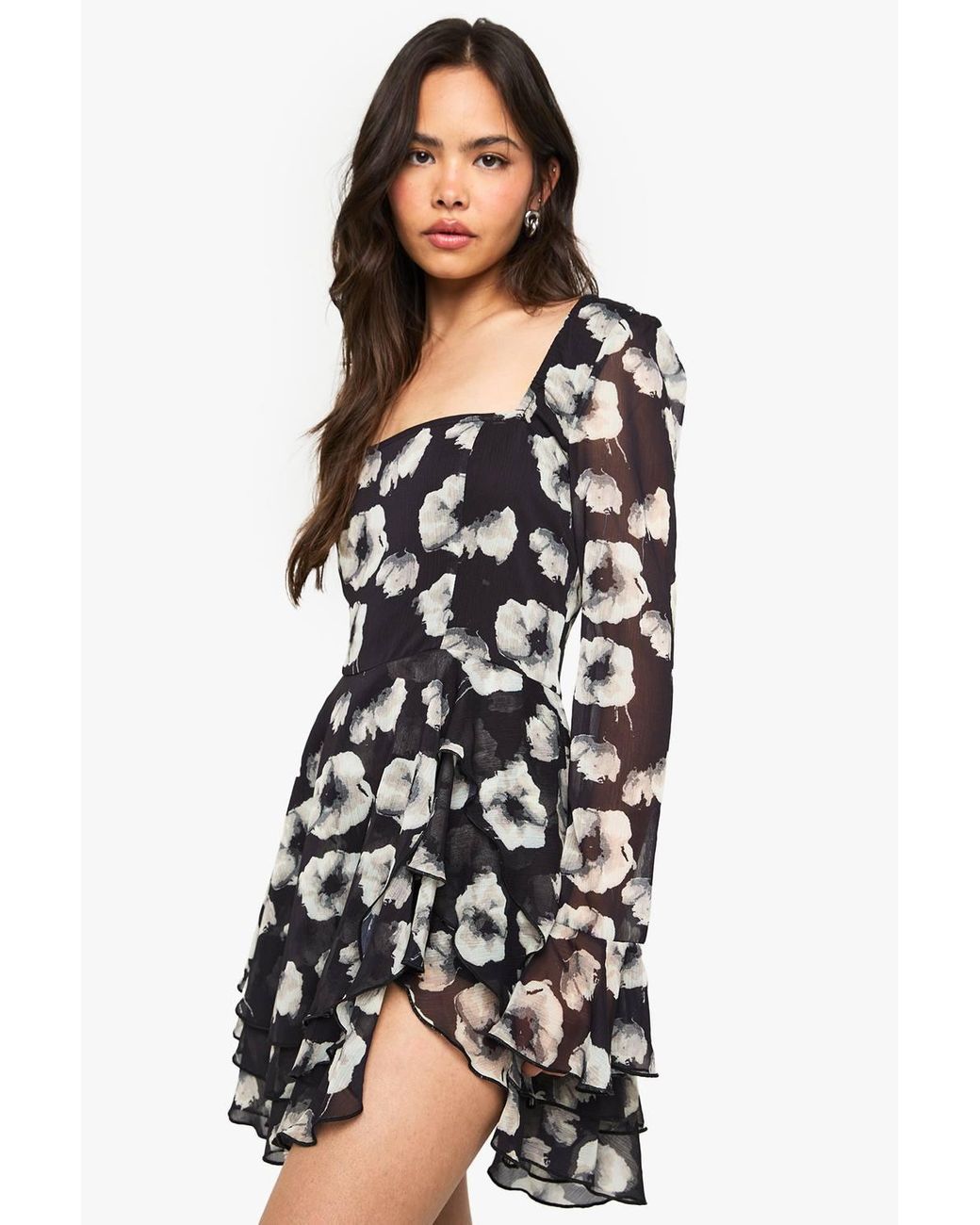 Boohoo Floral Chiffon Skater Dress in White
