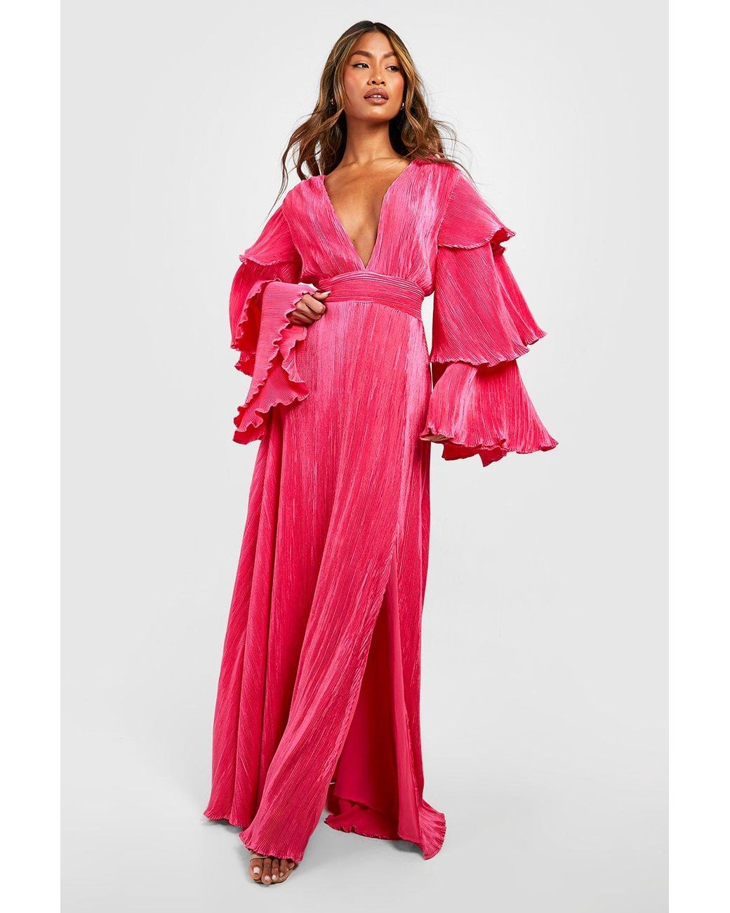 Boohoo Plisse Layered Sleeve Maxi Dress | Lyst UK